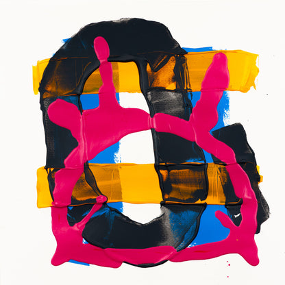 Abstract painting with pink gestural forms, black layered textures, yellow horizontal bands, and blue accents on white paper.