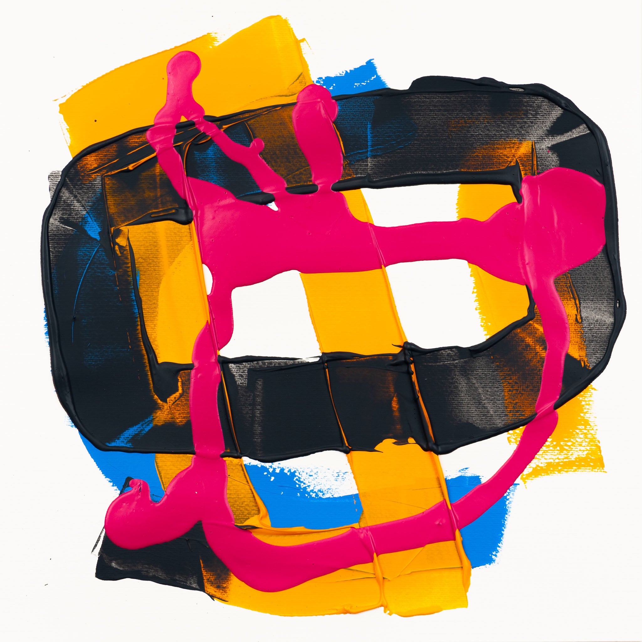 Abstract painting with matte pink gestural forms, black layered textures, yellow geometric sections, and blue accents on white paper.