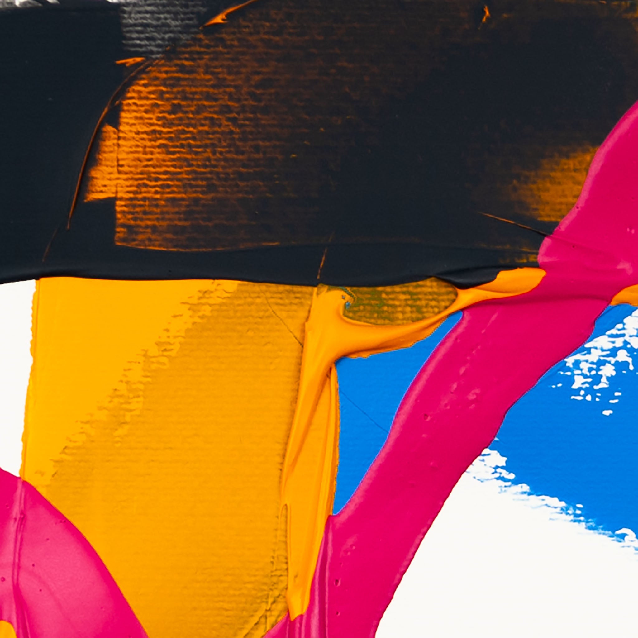 Close-up of dark grey textured acrylic paint intersecting matte pink forms with yellow and blue sections on white paper.