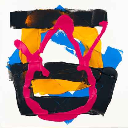 Abstract painting with matte pink gestural forms, dark grey layered textures, yellow geometric sections, and blue accents on white paper.