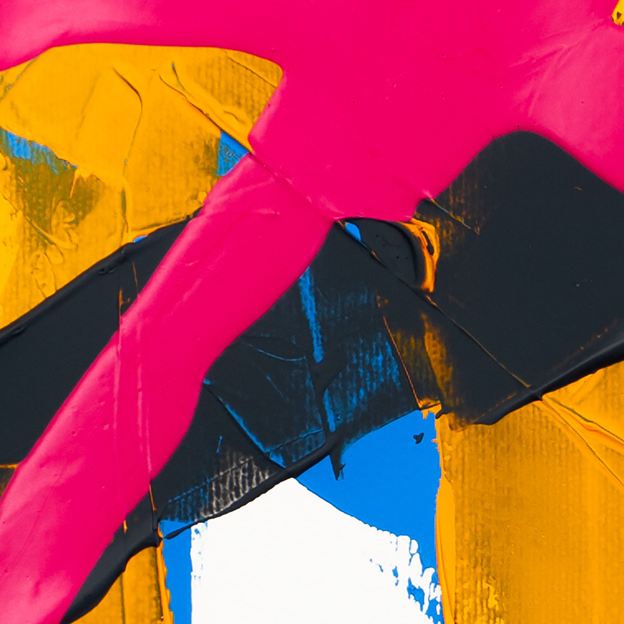 Close-up of matte pink acrylic paint layered over dark grey textured forms with yellow and blue sections on white paper.