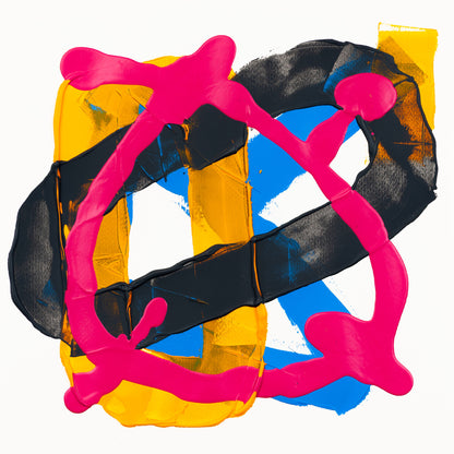 Abstract painting with matte pink gestural forms, dark grey layered textures, yellow geometric sections, and blue accents on white paper.