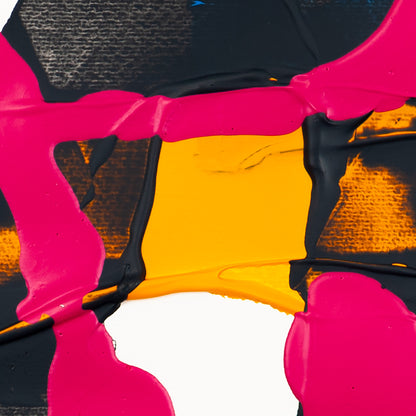Close-up of matte pink acrylic lines layered over dark grey textured paint with a bold yellow centre on a white background.