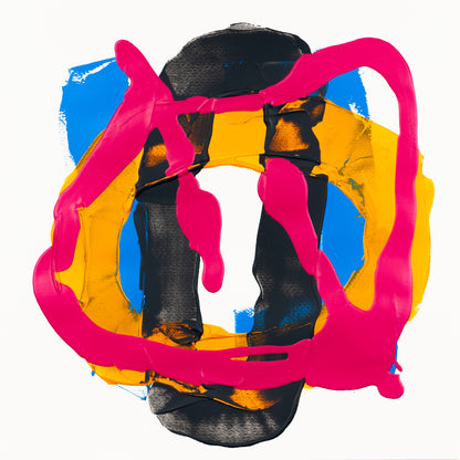 Abstract painting with matte pink gestural forms, dark grey layered textures, yellow geometric sections, and blue accents on white paper.