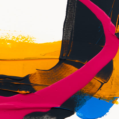 Close-up detail of fluorescent pink paint sweeping across layered dark grey, yellow, and blue textures on a white background, highlighting thick acrylic texture and bold contrast.
