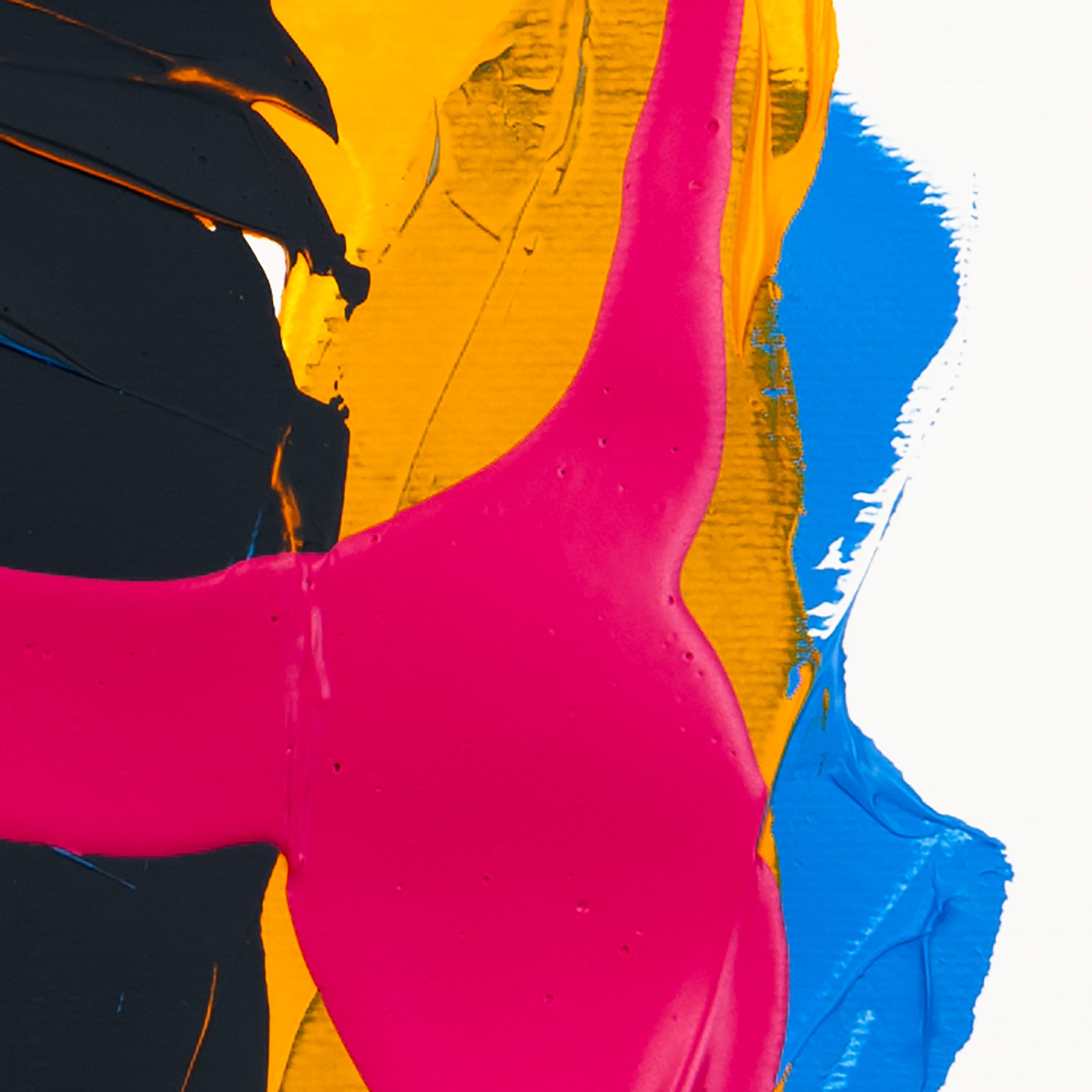 Macro detail of fluorescent pink acrylic layered against dark grey, yellow, and vivid blue paint textures on a white background, emphasising contrast, movement, and surface depth.