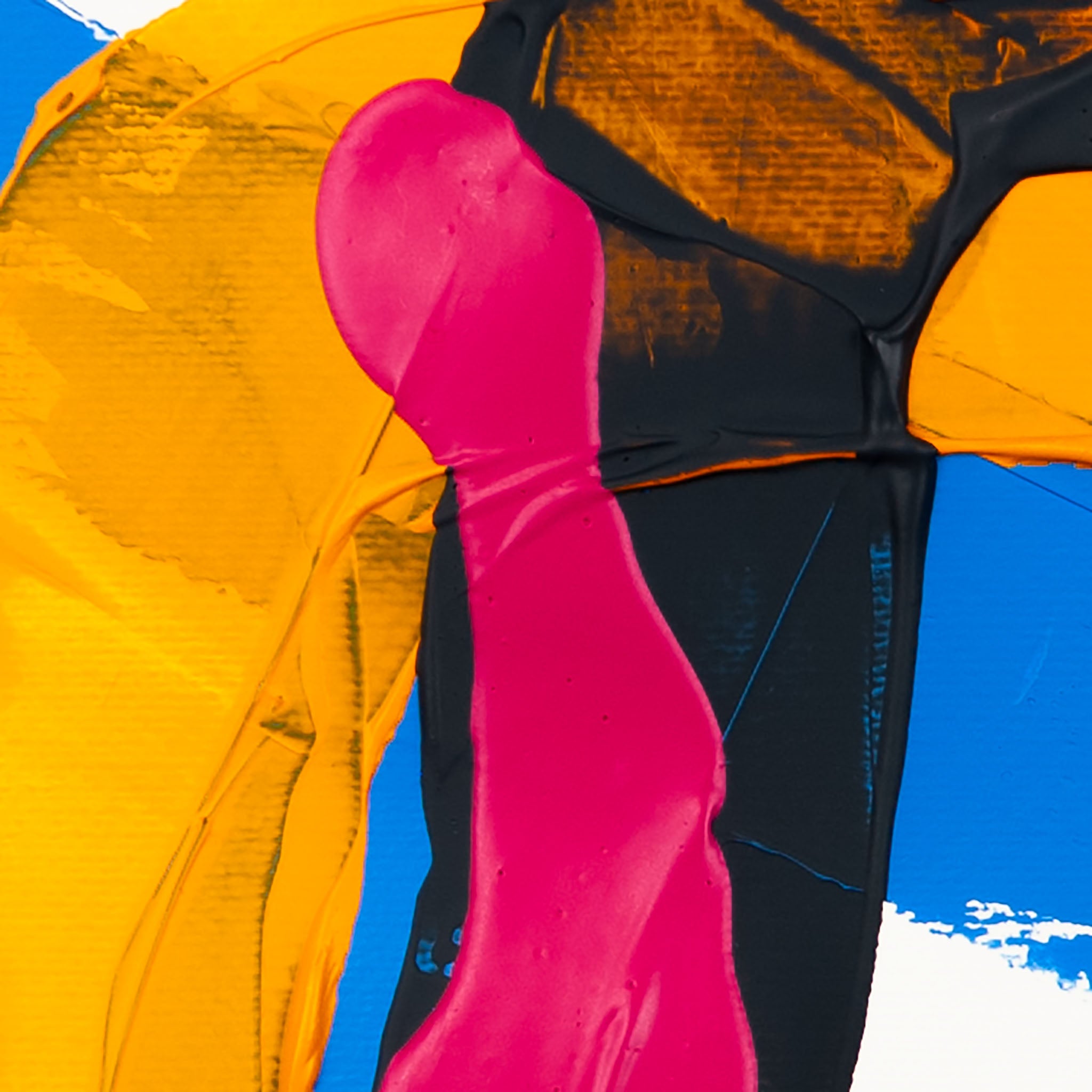 Close-up abstract detail featuring fluorescent pink paint layered over dark grey, yellow, and blue acrylic textures on a white background, emphasising bold colour contrast and sculptural surface texture.