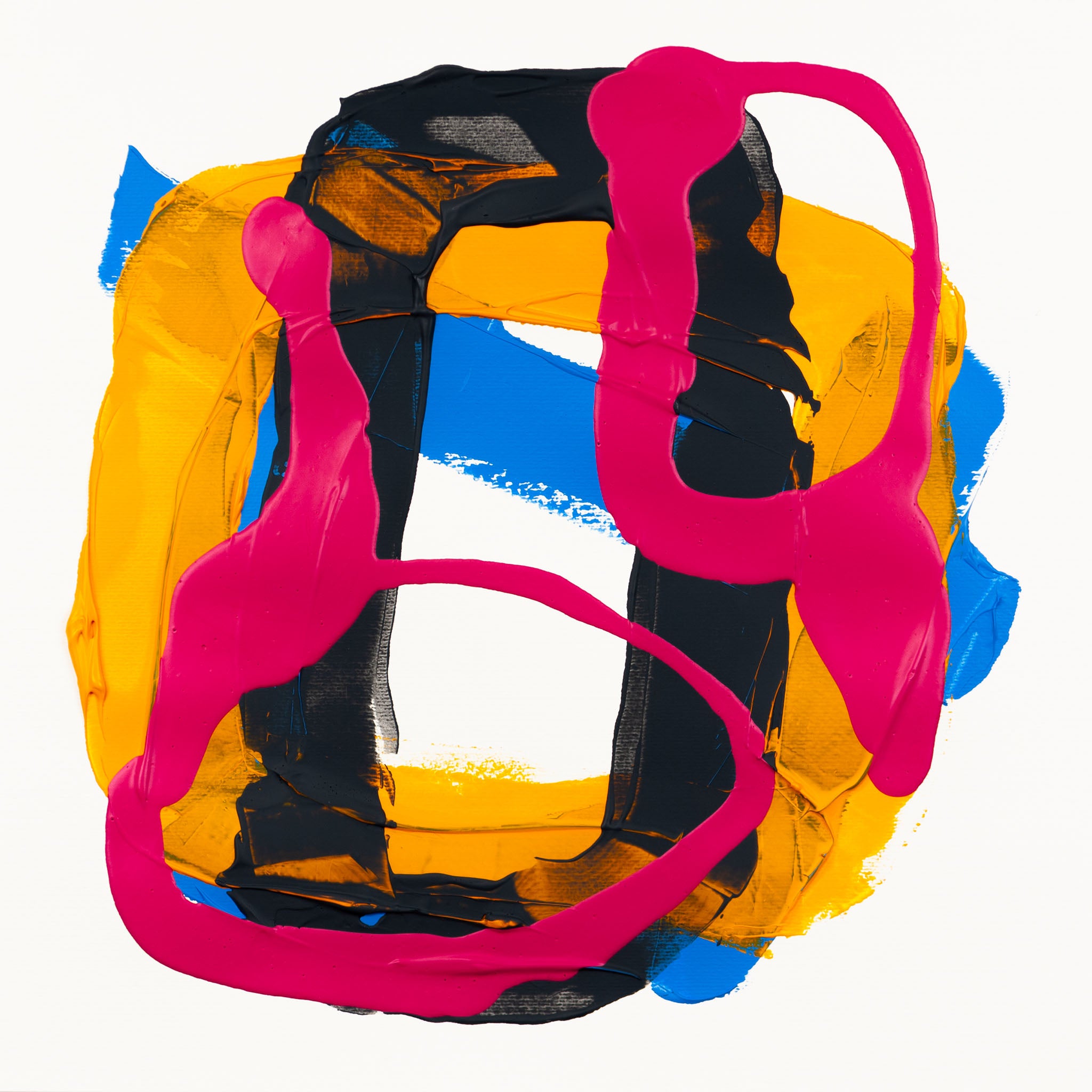 Bold abstract composition with fluorescent pink gestural lines layered over dark grey, yellow, and blue paint textures on a white background.