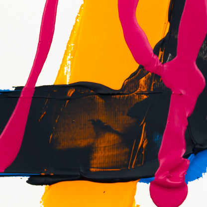 Close-up abstract composition with fluorescent pink drips layered over dark grey, yellow, and blue acrylic textures on a white background, emphasising glossy surfaces, contrast, and expressive movement.