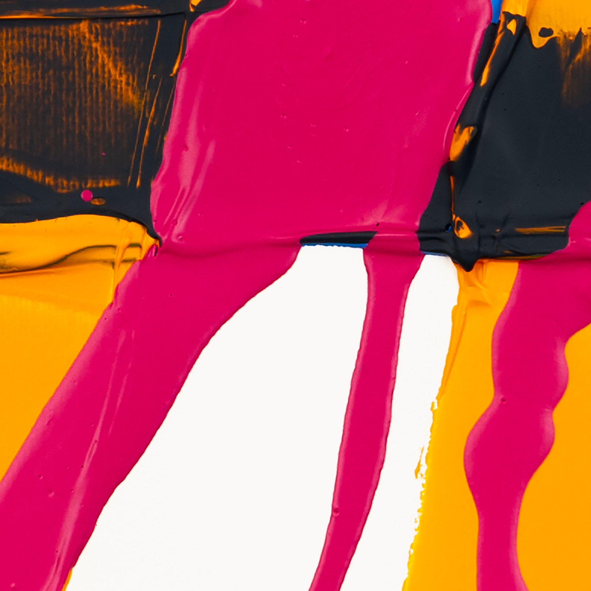 Close-up abstract detail with fluorescent pink paint flowing across dark grey and yellow acrylic textures on a white background, highlighting layered brushwork, glossy surfaces, and bold geometric contrast.