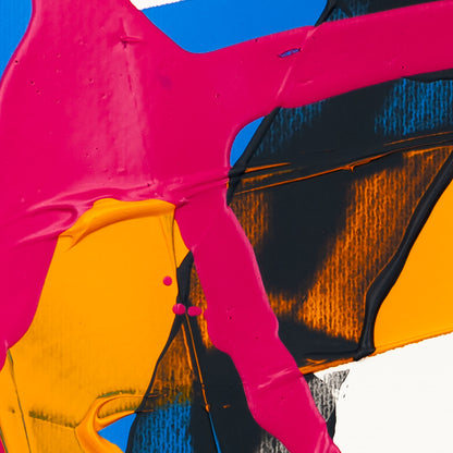 Close-up detail of fluorescent pink acrylic flowing across layered black and golden-yellow textured forms, accented with vivid blue highlights and visible palette-knife ridges on a crisp white background.