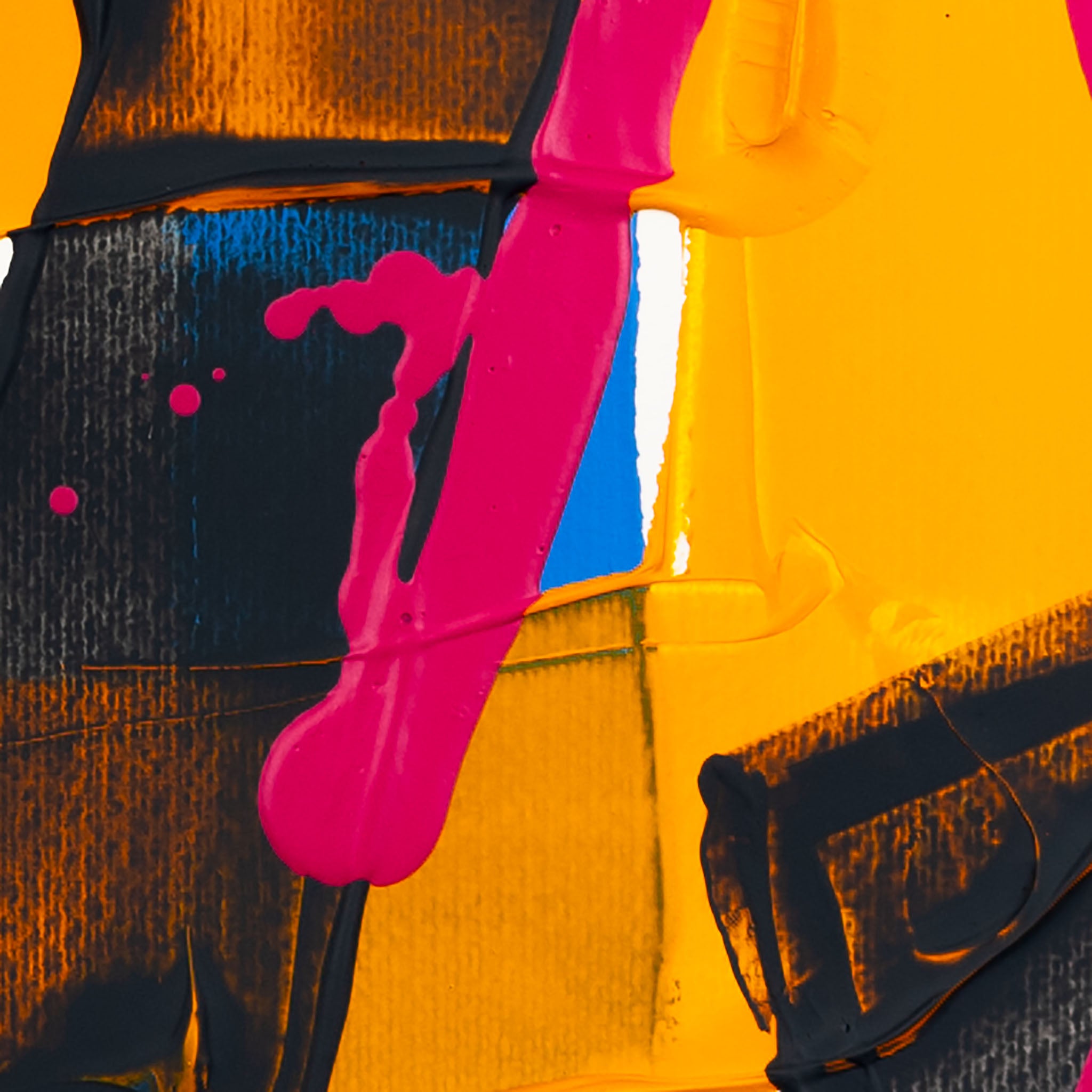 Macro detail of glossy fluorescent pink paint dripping over layered black and luminous yellow acrylic textures, with subtle electric-blue accents and visible squeegee marks creating strong contrast against a clean white background.