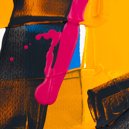 Macro detail of glossy fluorescent pink paint dripping over layered black and luminous yellow acrylic textures, with subtle electric-blue accents and visible squeegee marks creating strong contrast against a clean white background.