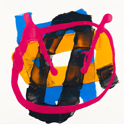 Bold abstract composition featuring fluorescent pink looping lines layered over black, yellow, and blue geometric acrylic forms on a white background, with visible texture, palette-knife marks, and high-contrast contemporary energy.