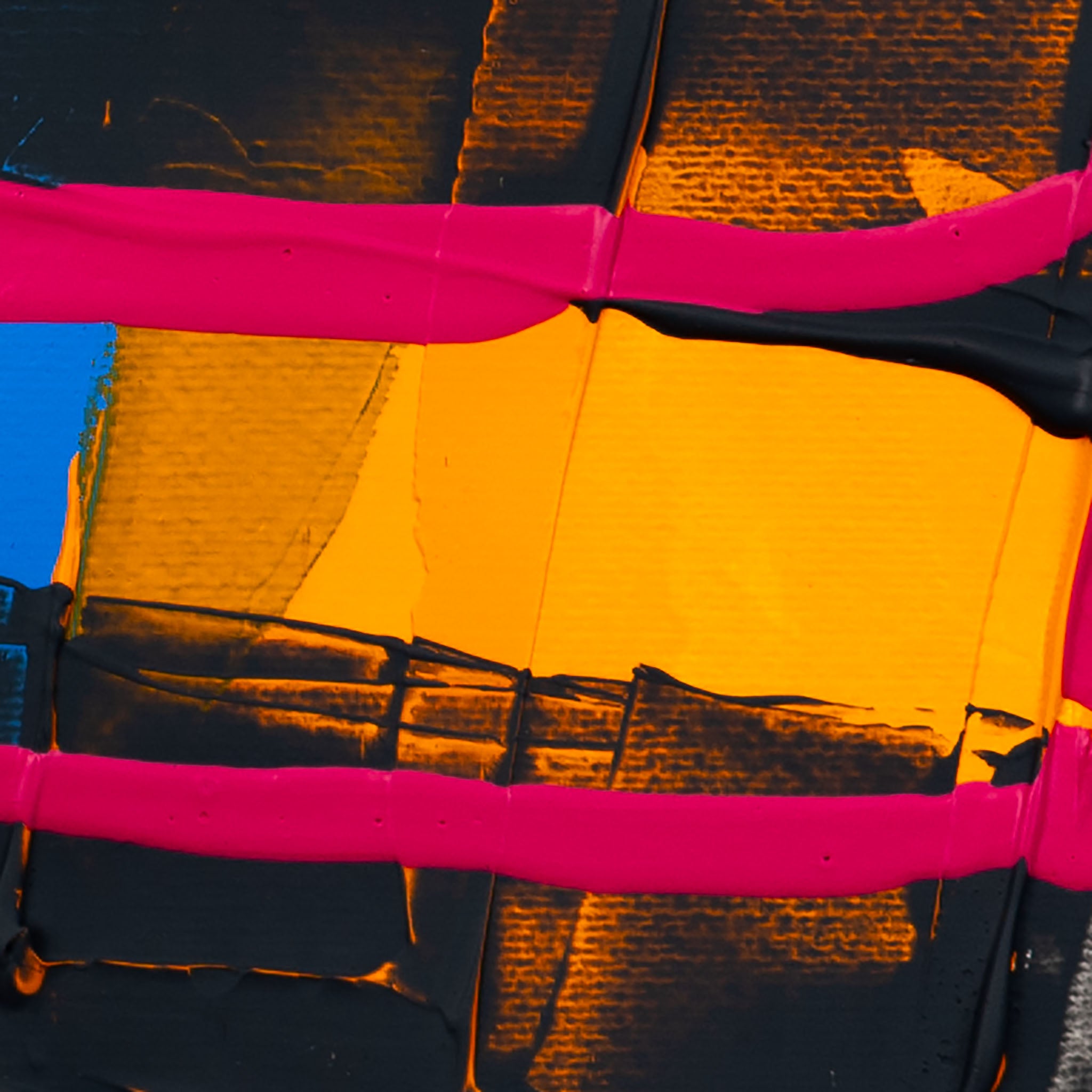 Close-up abstract detail featuring vivid fluorescent pink linear strokes layered across rich golden-yellow and deep black textured acrylic surfaces, with subtle cobalt-blue accents and visible palette-knife textures creating strong contrast on a white background.