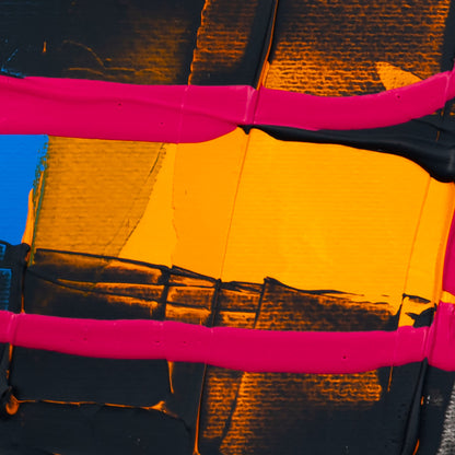 Close-up abstract detail featuring vivid fluorescent pink linear strokes layered across rich golden-yellow and deep black textured acrylic surfaces, with subtle cobalt-blue accents and visible palette-knife textures creating strong contrast on a white background.