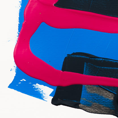 Minimal abstract close-up featuring thick fluorescent pink acrylic lines layered over vivid cobalt-blue and deep black textured paint, with smooth flowing contours and strong contrast against a clean white background.