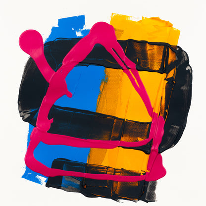 Bold abstract composition featuring fluorescent pink gestural lines layered over textured black, vivid cobalt blue, and rich yellow acrylic blocks, creating a striking geometric balance on a crisp white background.