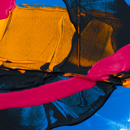 Close-up abstract detail featuring thick fluorescent pink acrylic flowing across layered black and vivid cobalt-blue paint, contrasted by rich golden-yellow textured surfaces and glossy palette-knife marks on a crisp white background.