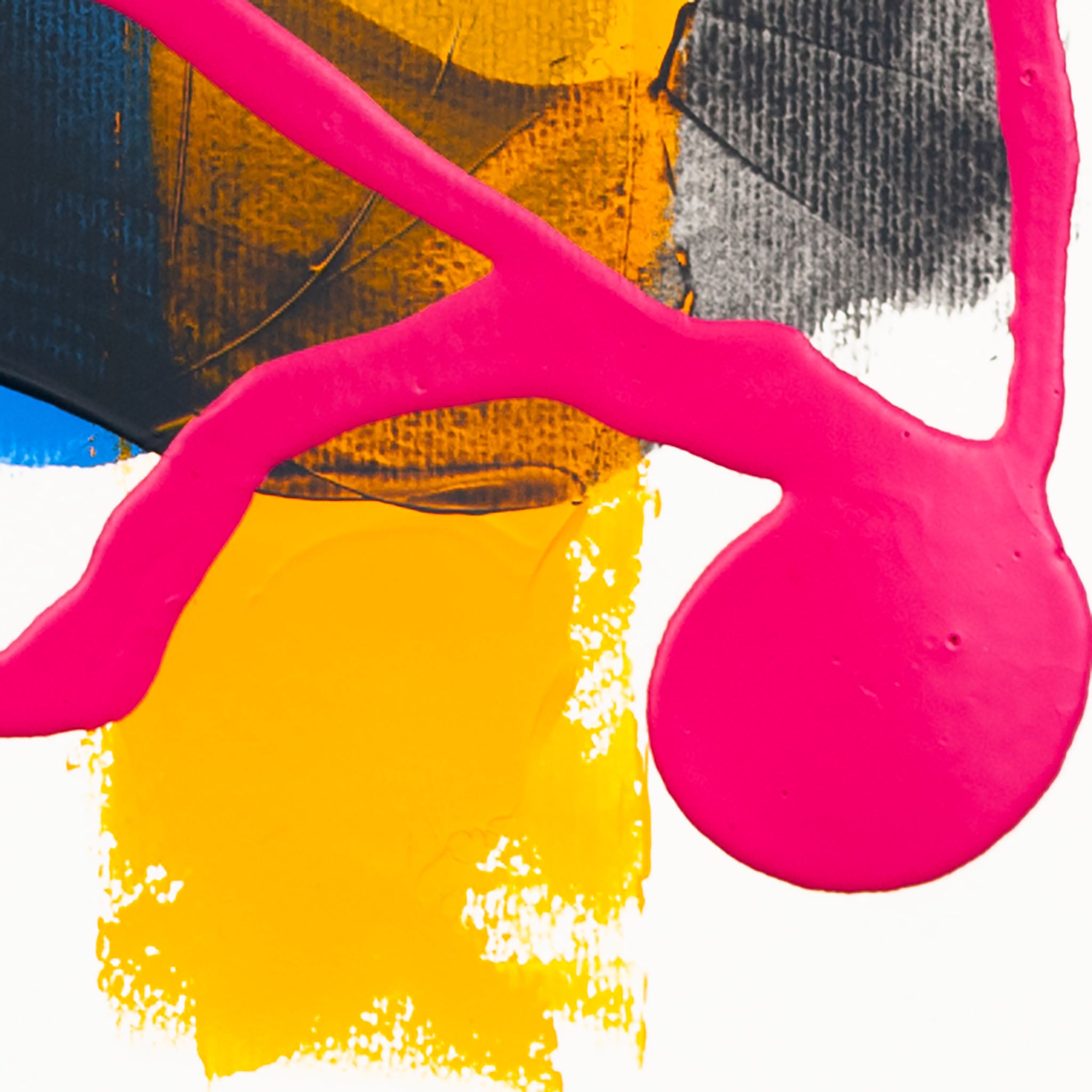Macro detail of contemporary abstract acrylic artwork featuring a thick fluorescent pink gesture layered over textured black and deep blue paint, contrasted by a saturated golden-yellow block. Rich impasto texture and high-contrast colour composition on a clean white background.