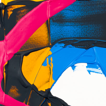 Close-up detail of abstract acrylic painting with sweeping pink paint layered across textured matte black, cobalt-blue, and golden-yellow forms. Thick impasto surfaces and palette-knife marks create depth and contrast against a crisp white background.