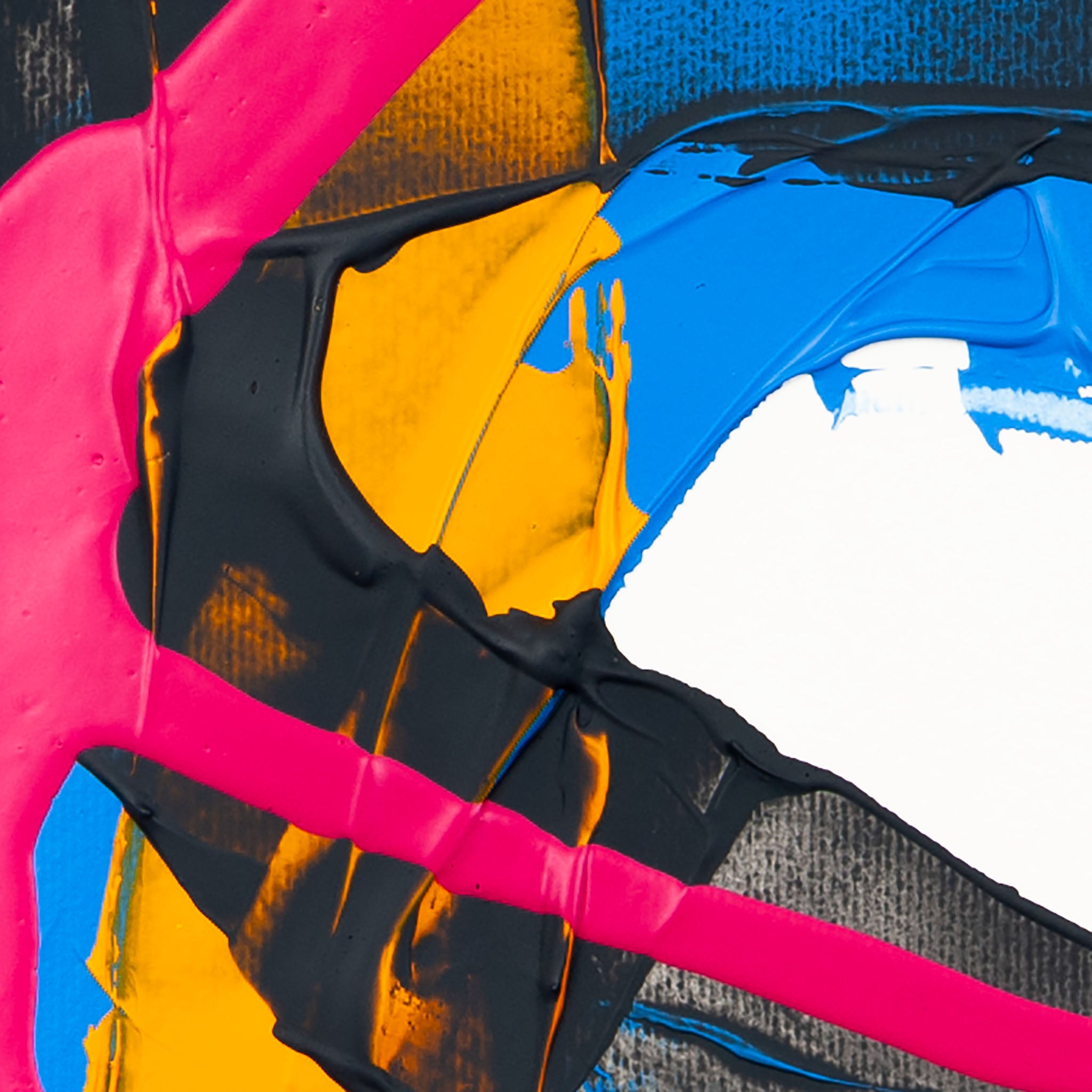 Macro detail of layered abstract acrylic painting featuring vivid fluorescent pink linear gestures crossing textured black and cobalt-blue paint fields with saturated golden-yellow accents. Thick impasto application and palette-knife textures create depth and contrast on a bright white background.