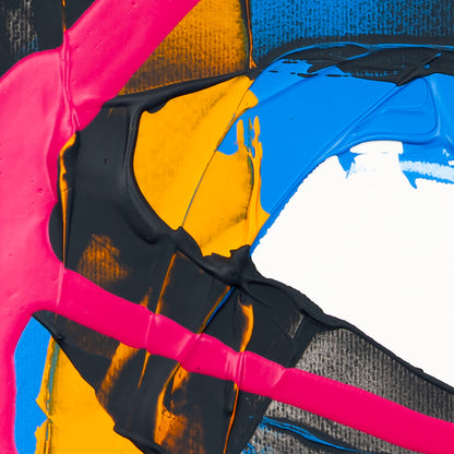 Macro detail of layered abstract acrylic painting featuring vivid fluorescent pink linear gestures crossing textured black and cobalt-blue paint fields with saturated golden-yellow accents. Thick impasto application and palette-knife textures create depth and contrast on a bright white background.