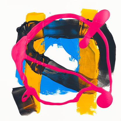 Contemporary abstract painting featuring bold fluorescent pink looping lines layered over textured black brushwork, vivid cobalt-blue fields, and saturated golden-yellow blocks. High-contrast acrylic composition with expressive palette-knife textures on a crisp white background.