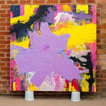 Original Abstract No. 2315 – large square abstract acrylic painting in layered purple, yellow, and black tones on linen