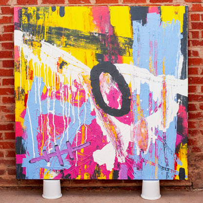 Original Abstract No. 2318 – large square acrylic painting in layered blue, pink, yellow, and white tones on linen