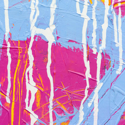 Close-up of pink and yellow paint layers with visible squeegee texture on Original Abstract No. 2318