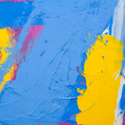 Close-up of yellow and blue paint layers with visible squeegee texture on Original Abstract No. 2401