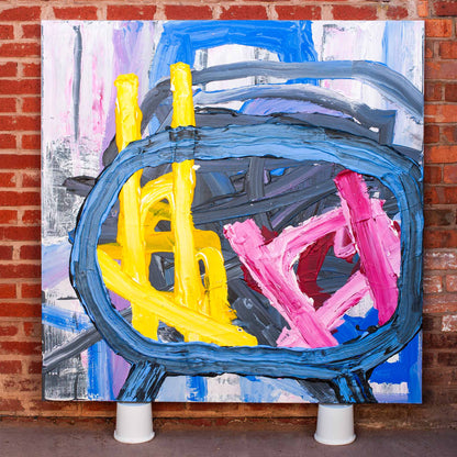 Original Abstract No. 2405 – large square acrylic painting in layered orange, pink, blue and yellow tones on linen