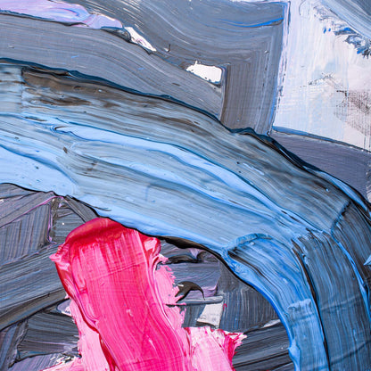 Close-up of pink and orange paint layers with visible squeegee texture on Original Abstract No. 2405