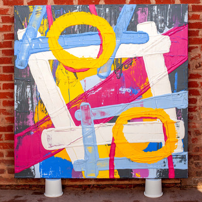 Original Abstract No. 2417 – large square acrylic painting in layered blue, green, yellow and white tones on linen