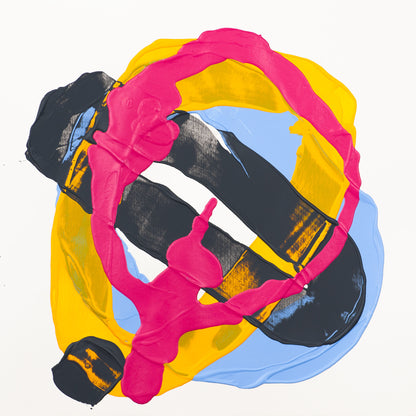 Abstract painting with bold textured brushstrokes in hot pink, yellow, black, and light blue on a white background.