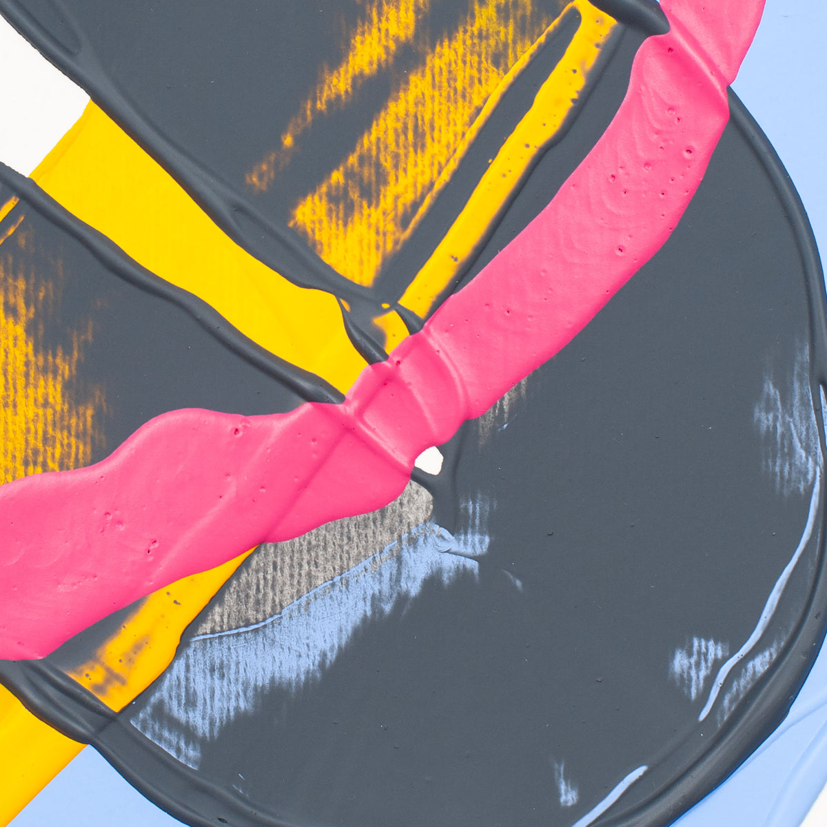 Close-up of an abstract painting with thick textured black, hot pink, yellow, and light blue brushstrokes on a white background.