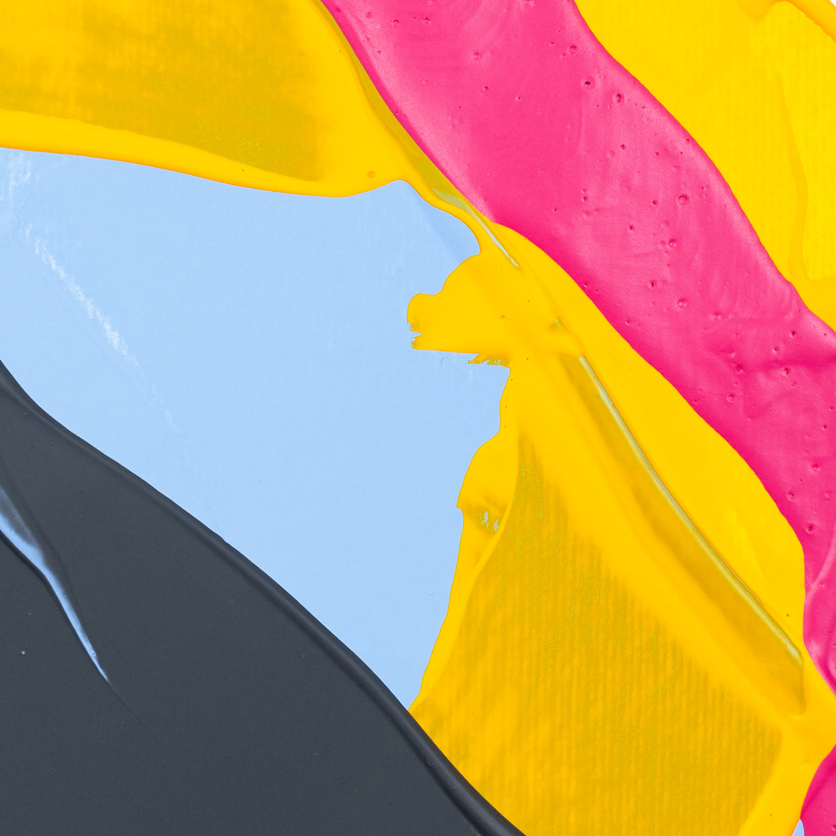 Close-up of an abstract painting with bold yellow, hot pink, light blue, and black brushstrokes and thick textured paint.