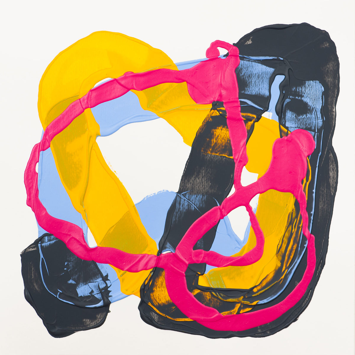 Abstract painting with bold hot pink, yellow, black, and light blue textured brushstrokes on a white background.
