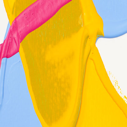 Abstract paint swatch showing thick textured strokes of bright yellow, hot pink, light blue, and white.