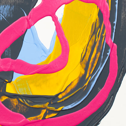 Abstract acrylic painting with thick textured layers of bright pink, yellow, black, light blue, and white.