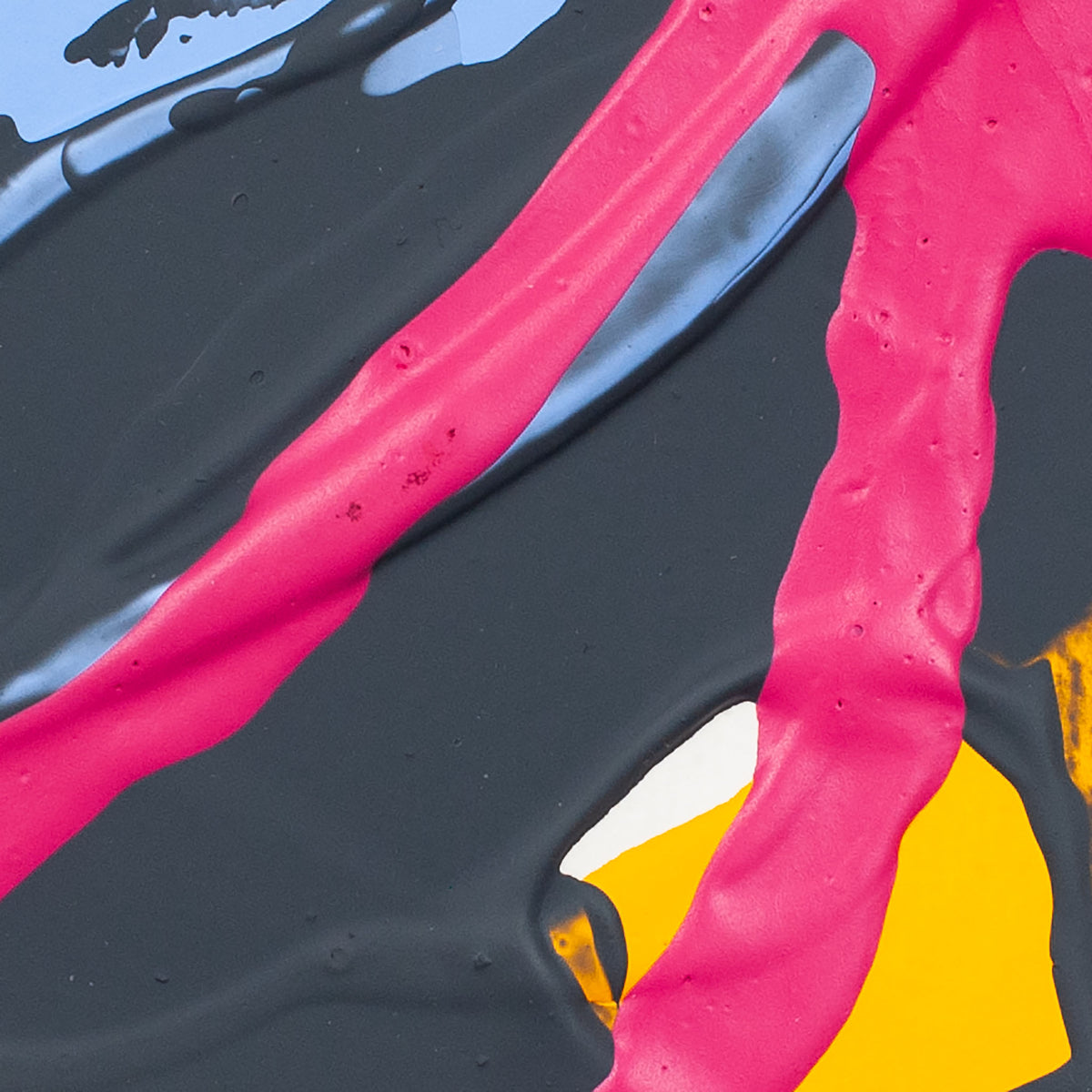 Abstract close-up of thick paint with bold pink and black strokes, plus small areas of blue, yellow, and white.