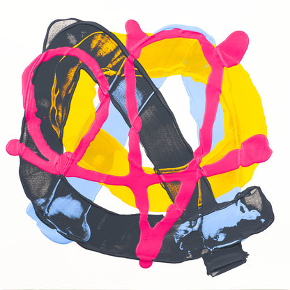 Abstract circular composition with layered black, yellow, light blue, and hot pink paint-like forms on a white background.