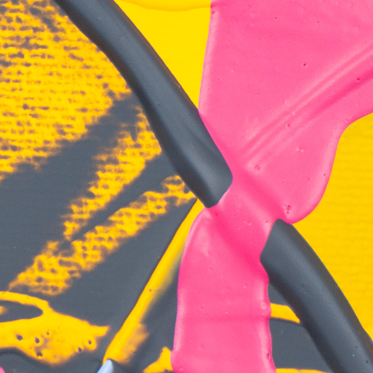 Abstract close-up of bright pink paint, bold yellow background, and thick black brushstrokes or brush-like forms.