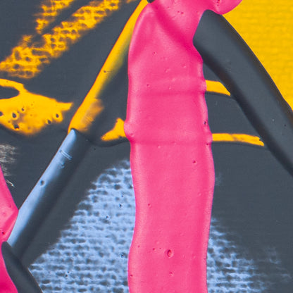 Abstract close-up artwork with a vertical bright pink shape, black curved forms, yellow areas, and a textured blue-gray section on a dark background.