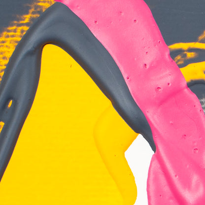 Abstract close-up of thick paint with bright yellow, vivid pink, and dark charcoal/black strokes on a white background.