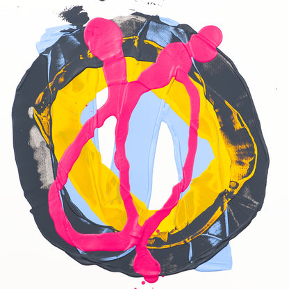 Abstract circular artwork with thick black and gray brushstrokes, a bright yellow center, pale blue sections, and vivid hot pink dripped lines across the composition on a white background.