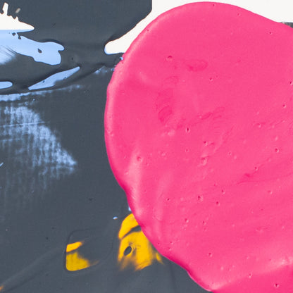 Abstract close-up of bright pink paint with a large rounded shape overlapping dark charcoal/black paint and a small yellow area.