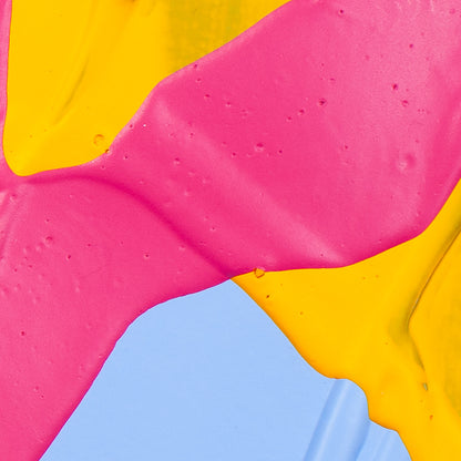 Abstract close-up of thick, textured paint strokes in bright pink, yellow, and light blue.