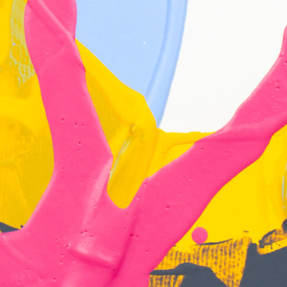 Abstract close-up artwork with thick bright pink paint sweeping diagonally across a yellow, light blue, white, and dark gray background.